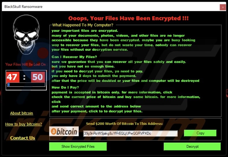 BlackSkull ransomware nota de resgate (pop-up)