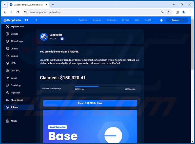 DappRadar Airdrops site de drenagem de fraudes (base-dappradar[.]com)