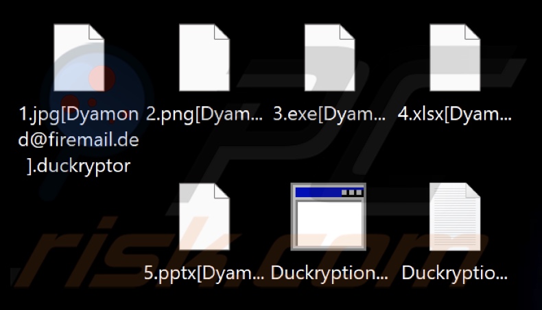 Ficheiros encriptados pelo ransomware Diamond (Duckcryptor) (.[Dyamond@firemail.de].duckryptor)