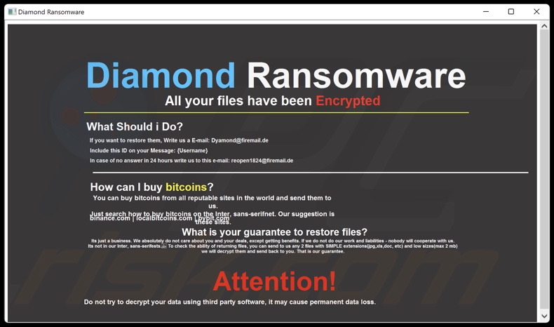 Diamond (Duckcryptor) ransomware nota de resgate (Duckryption_info.hta)