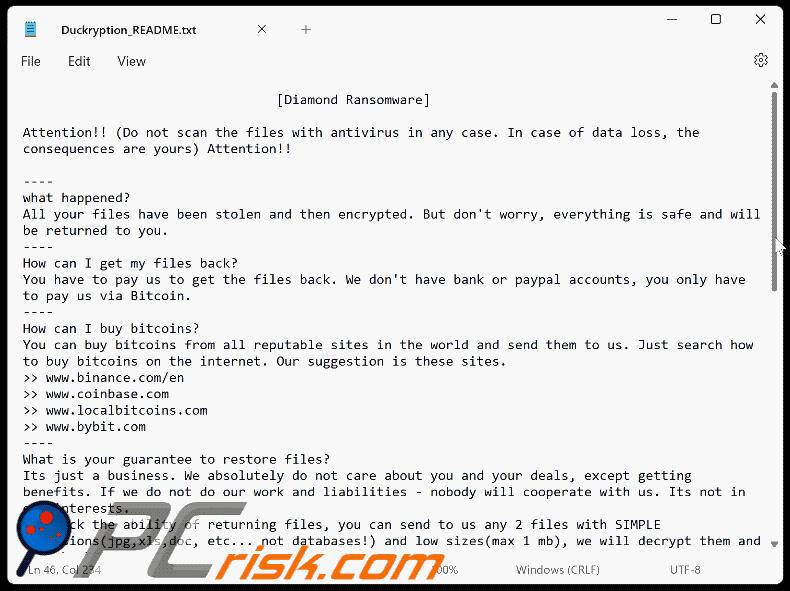 Diamond (Duckcryptor) ficheiro de texto de ransomware (Duckryption_README.txt) GIF