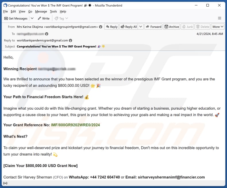IMF Grant Program campanha de spam por correio eletrónico