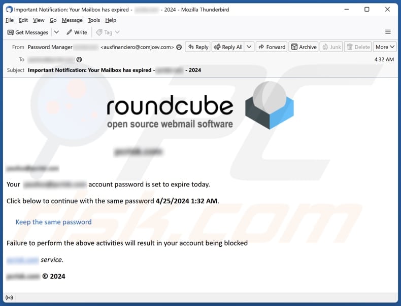 Roundcube Password Set To Expire campanha de spam por correio eletrónico