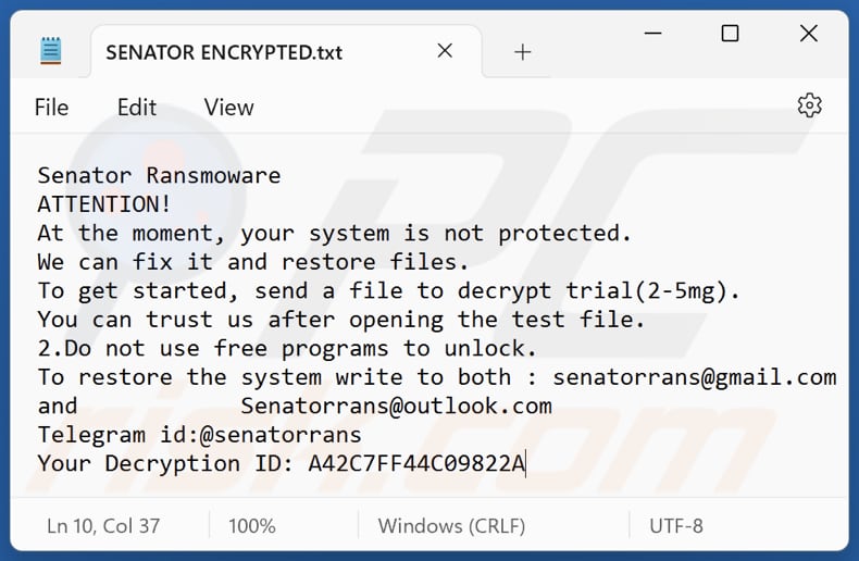 Senator ransomware ficheiro de texto (SENATOR ENCRYPTED.txt)
