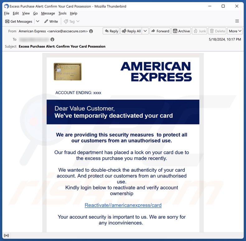 American Express Card Deactivation campanha de spam por correio eletrónico