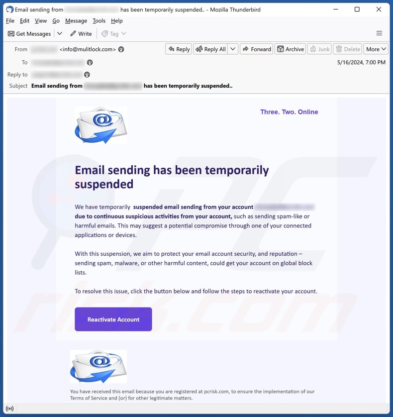 Email Sending Has Been Temporarily Suspended campanha de spam por correio eletrónico