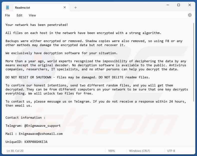 EnigmaWave ransomware nota de resgate (Readme.txt)