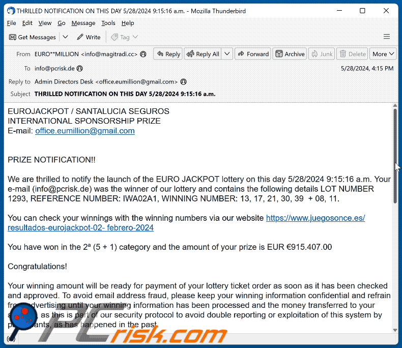 EUROJACKPOT aparência de e-mail fraudulento (GIF)