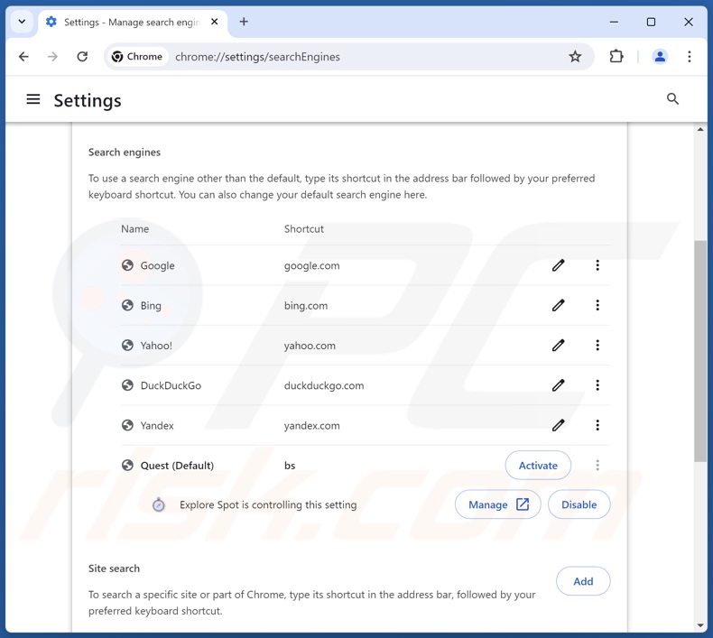 Remoção do explorespot.io do motor de busca predefinido do Google Chrome