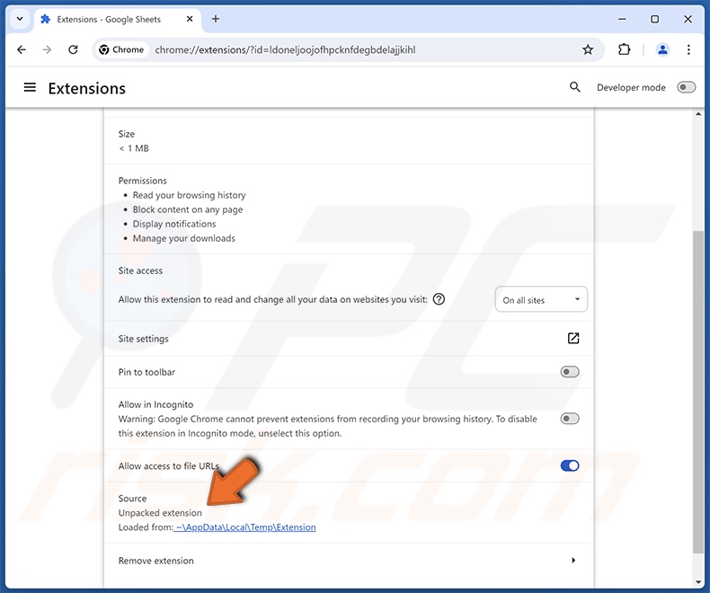 Detalhes da extensão do navegador do Google Sheets falso (Chrome)