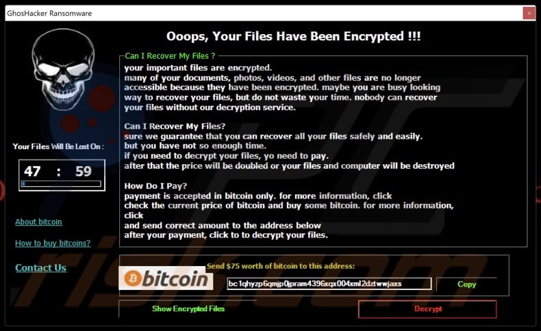 GhosHacker ransomware nota de resgate (pop-up)