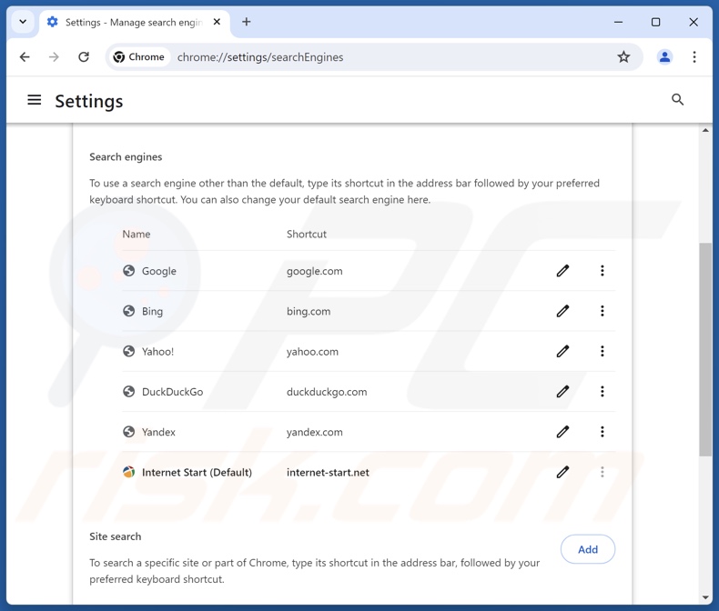 Remoção do internet-start.net do motor de busca predefinido do Google Chrome