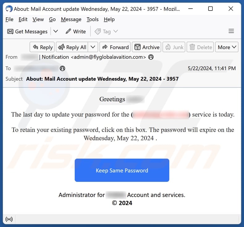 Last Day To Update Your Password campanha de spam por correio eletrónico