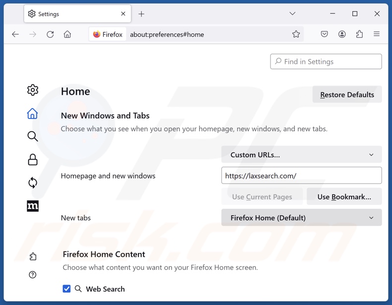 Remoção do laxsearch.com da página inicial do Mozilla Firefox