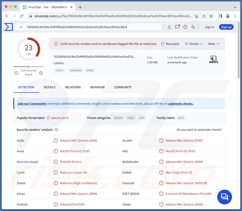 Detecções de adware Lobelia no VirusTotal