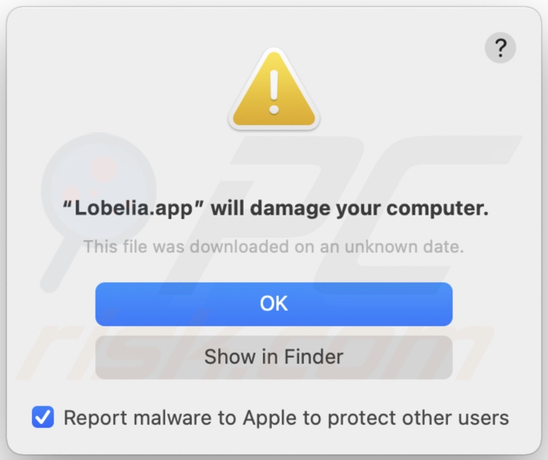 Pop-up apresentado quando o adware Lobelia é detectado no sistema