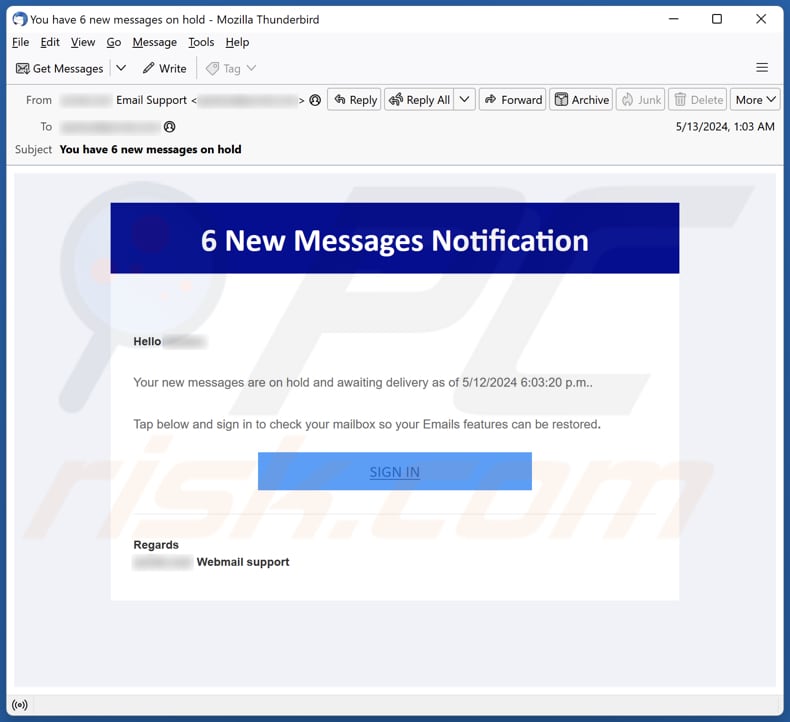 New Messages Notification campanha de spam por correio eletrónico
