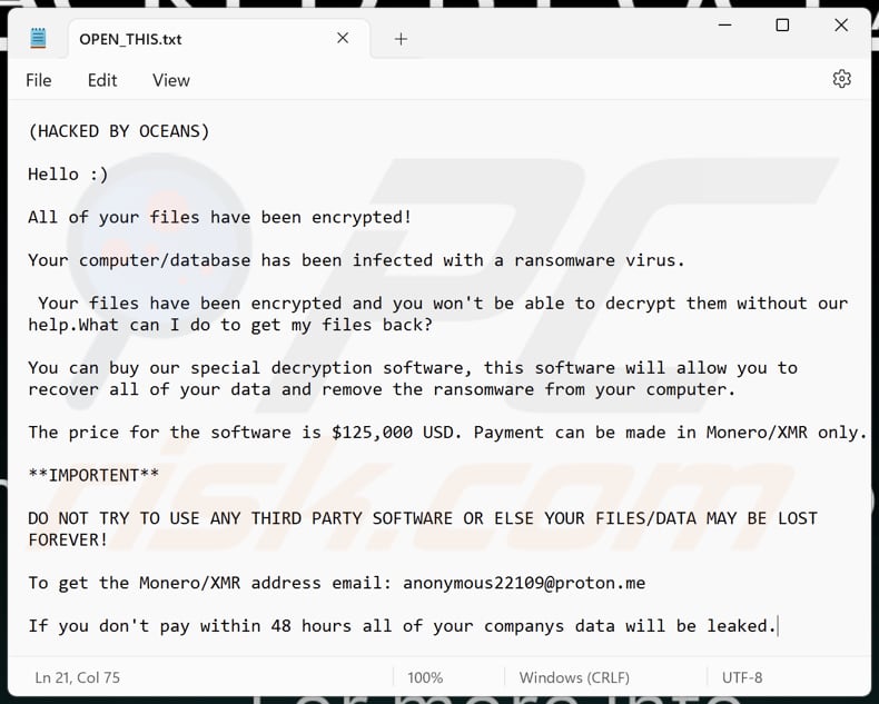 OCEANS ransomware ficheiro de texto (OPEN_THIS.txt)