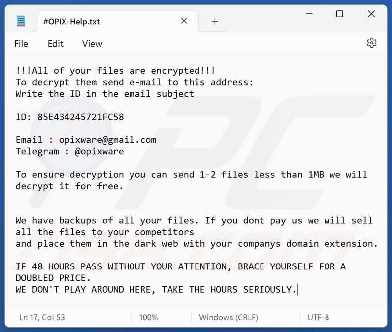 Nota de resgate do ransomware OPIX (#OPIX-Help.txt)
