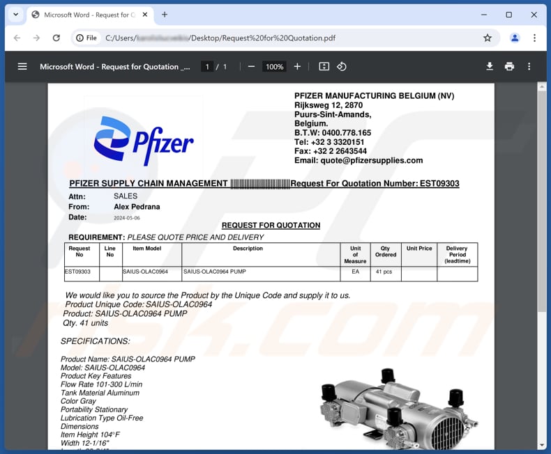 Pfizer Supply Email phishing PDF terceira variante