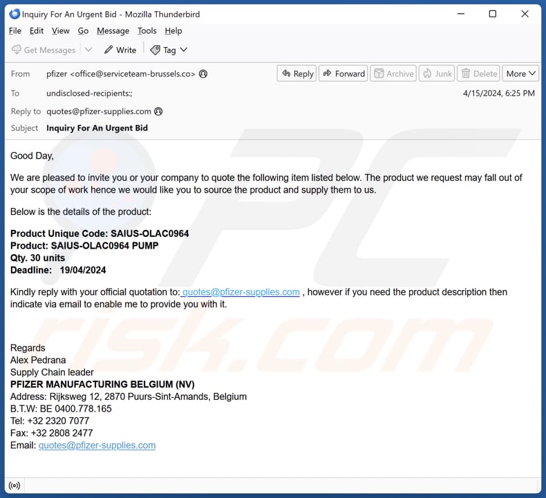 Pfizer Supply Segunda variante do Email Scam