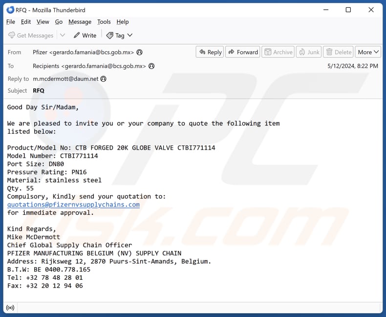 Pfizer Supply Email Scam sexta variante