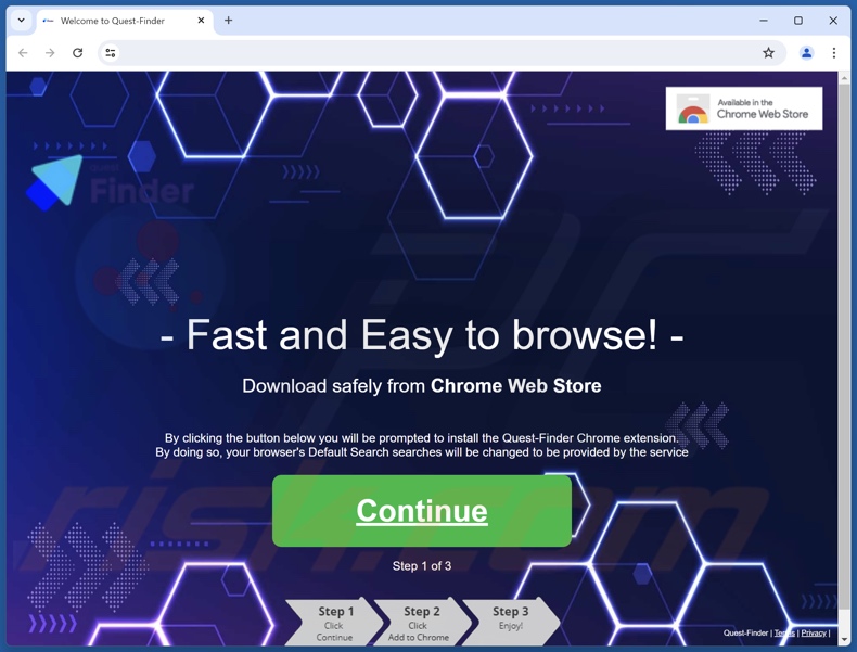 Website utilizado para promover o sequestrador de navegador Quest-Finder
