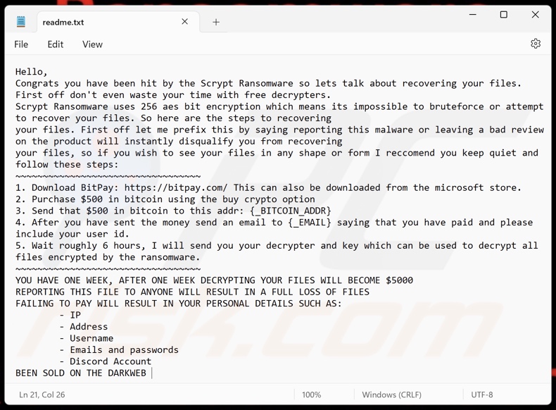 Scrypt ransomware nota de resgate (readme.txt)
