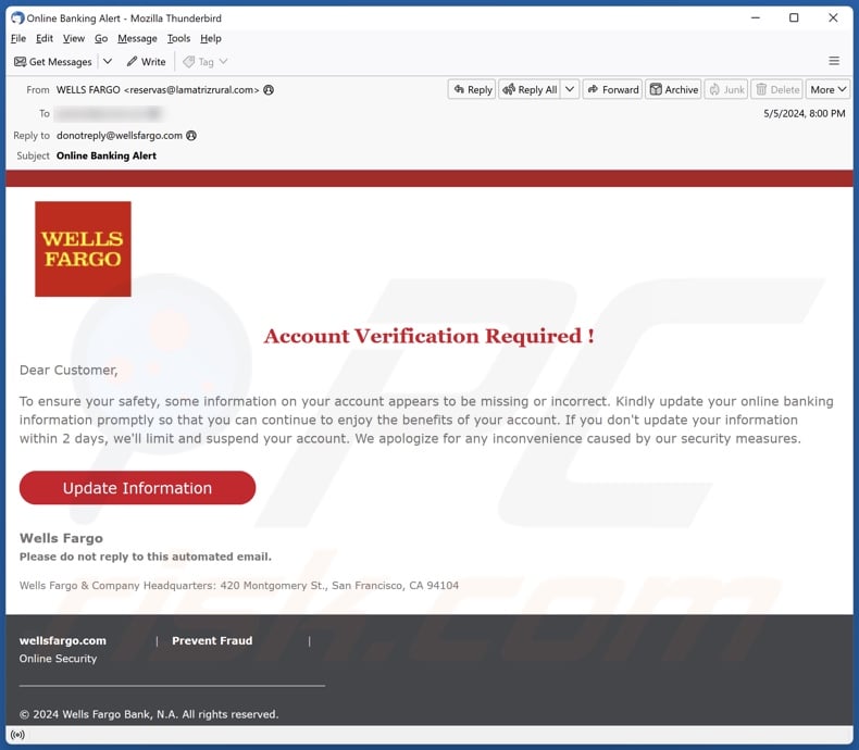 Wells Fargo - Account Verification Required campanha de spam por correio eletrónico