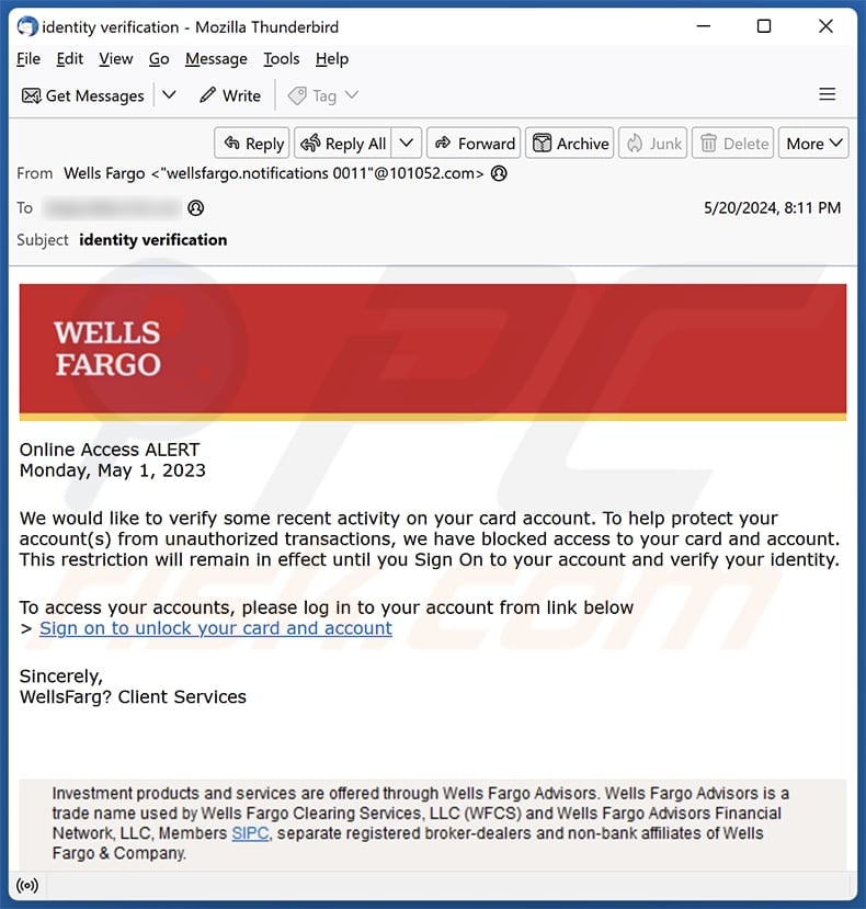 Wells Fargo - Card Activity Verification campanha de spam por correio eletrónico