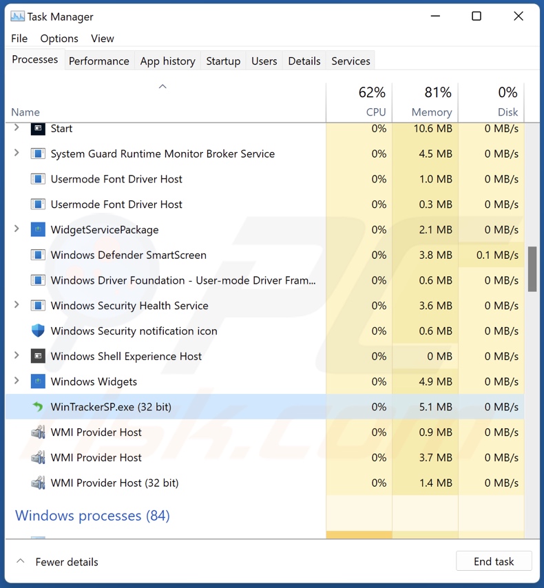 Processo WinTrackerSP PUA no Gestor de Tarefas (WinTrackerSP.exe - nome do processo)