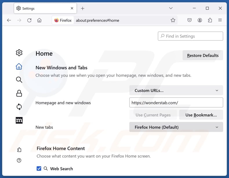 Removendo wonderstab.com da página inicial do Mozilla Firefox