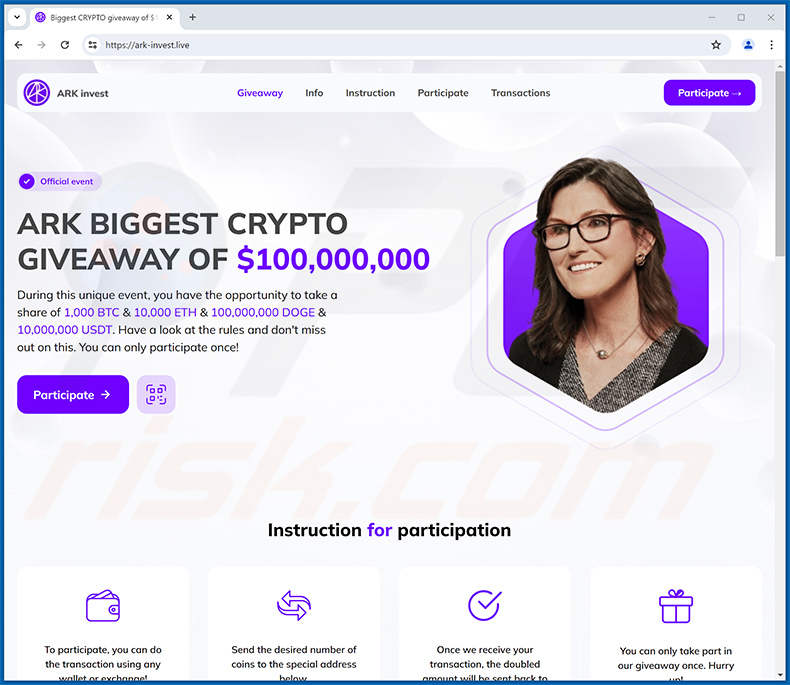 ARK Invest Crypto Giveaway fraude - ark-invest[.]live