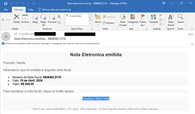 Anexo malicioso que contém uma ligação a uma página Web falsa que aloja o CarnavalHeist (fonte: Talos Intelligence):