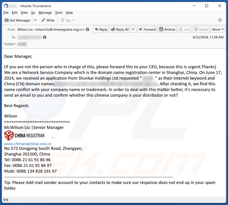Conflict With Your Company Name Or Trademark campanha de spam por correio eletrónico