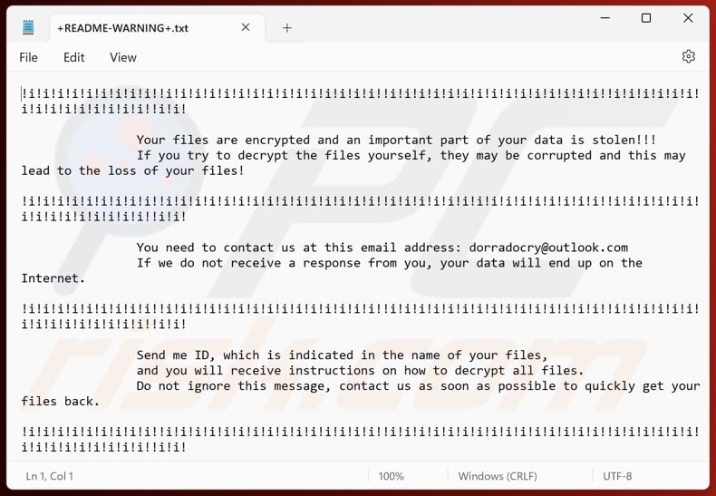 Ficheiro de texto do ransomware DORRA (+README-WARNING+.txt)