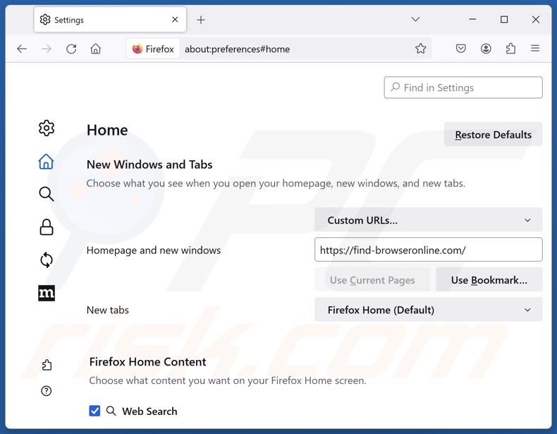 Removendo find-browseronline.com da página inicial do Mozilla Firefox