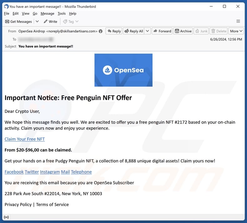 Aparência da mensagem de correio eletrónico de spam que apoia o esquema Free Penguin NFT