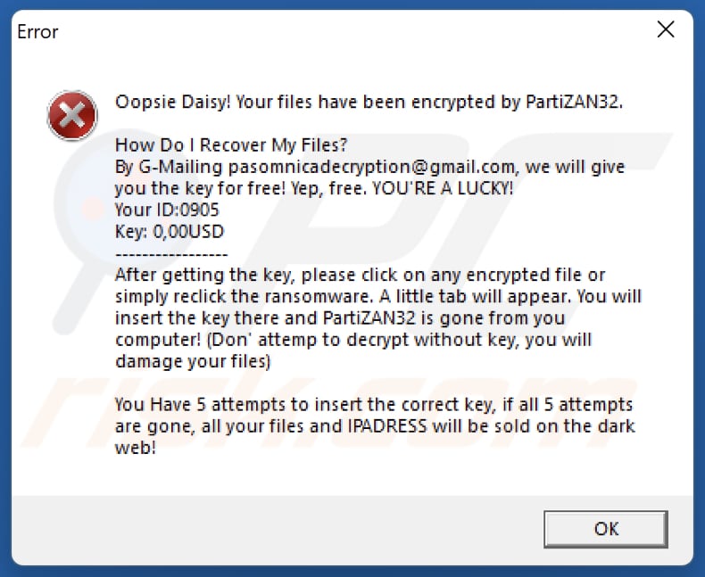 janela de erro do ransomware PartiZAN32