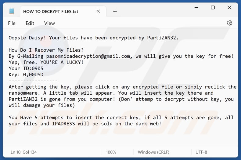 PartiZAN32 ransomware ficheiro de texto (HOW TO DECRYPT FILES.txt)