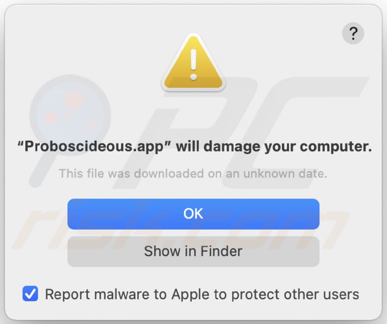 Aviso de adware Proboscideous.app antes da instalação