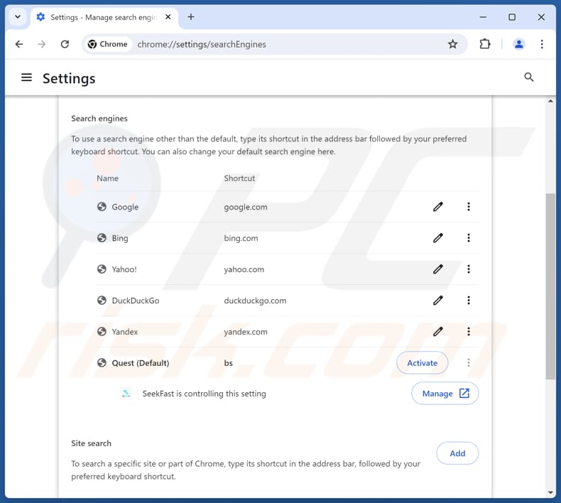 Remoção do findflarex.com do motor de busca predefinido do Google Chrome