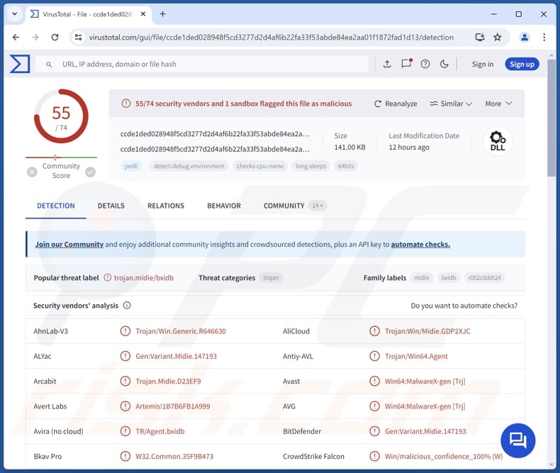 Detecções de malware Warmcookie no VirusTotal