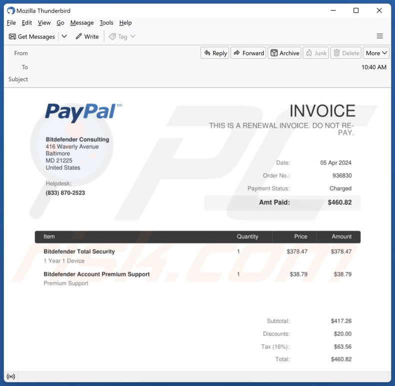 Bitdefender Subscription Renewal Segunda variante do Email Scam