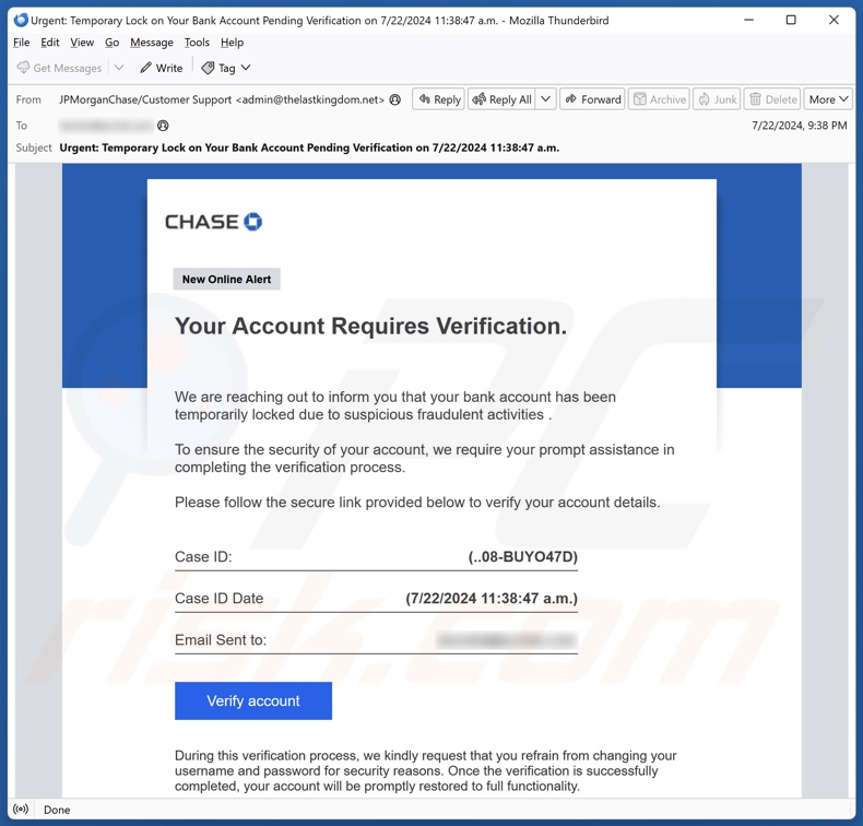 Chase - Account Verification campanha de spam por correio eletrónico