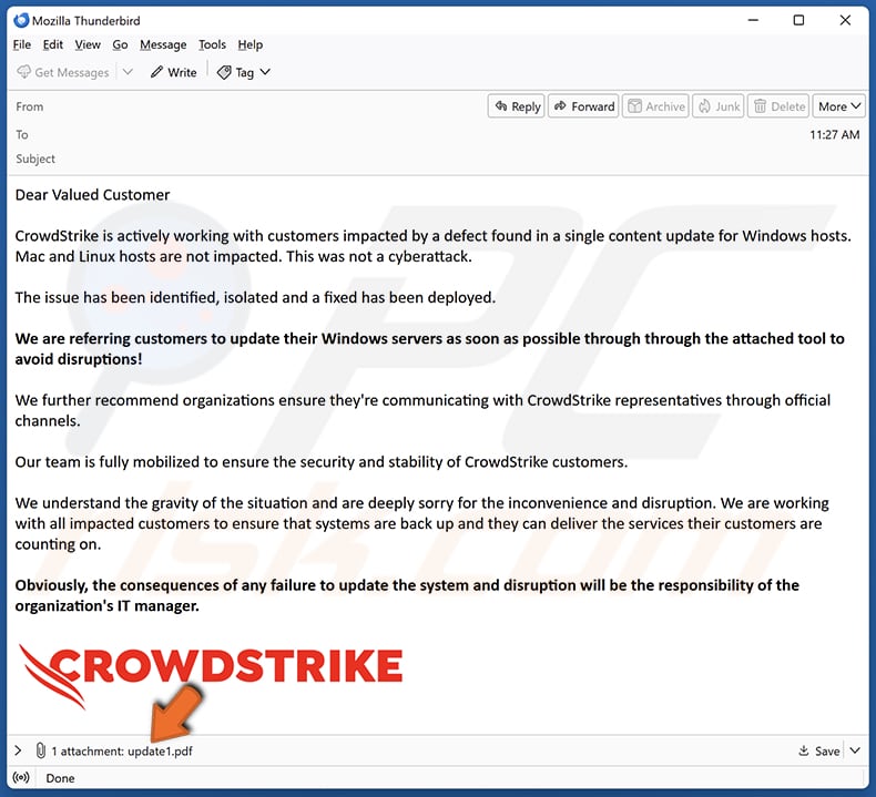 Correio eletrónico fraudulento da CrowdStrike que espalha um PDF que permite a eliminação de dados