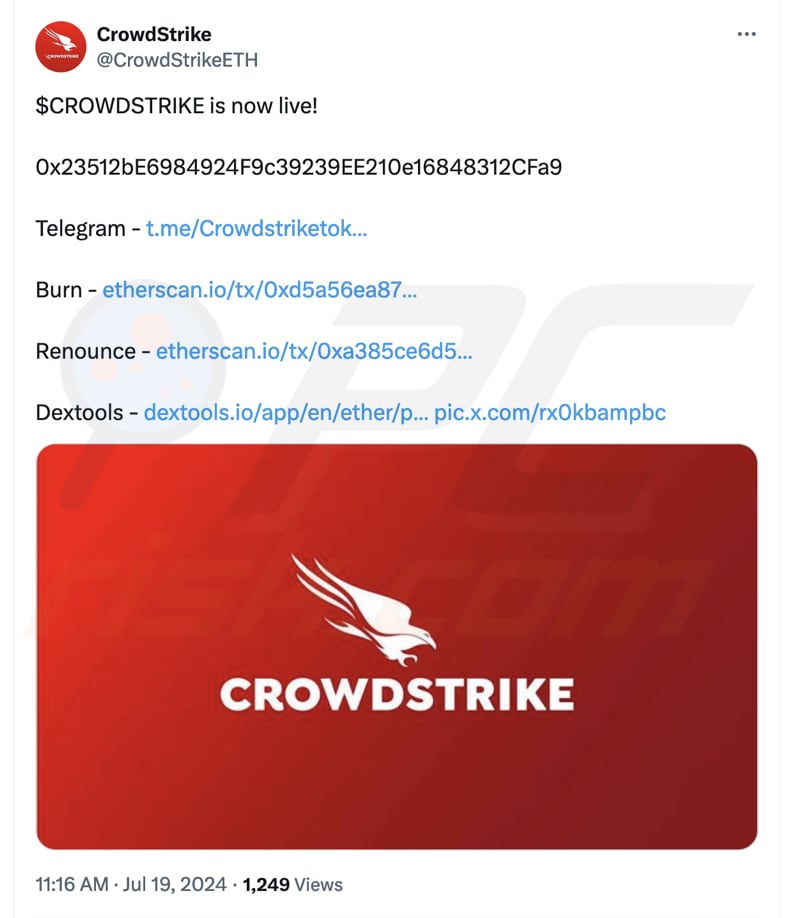 Tuíte do golpe CrowdStrike promovendo o token Crowdstrike