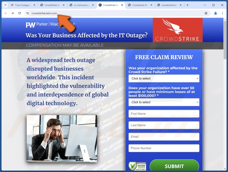 Sítio Web do golpe CrowdStrike que aloja um esquema fraudulento