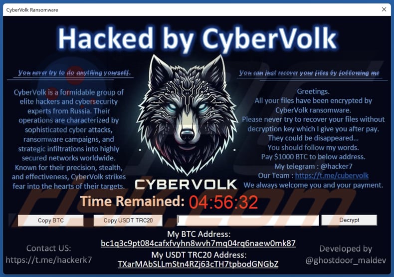 CyberVolk ransomware janela pop-up