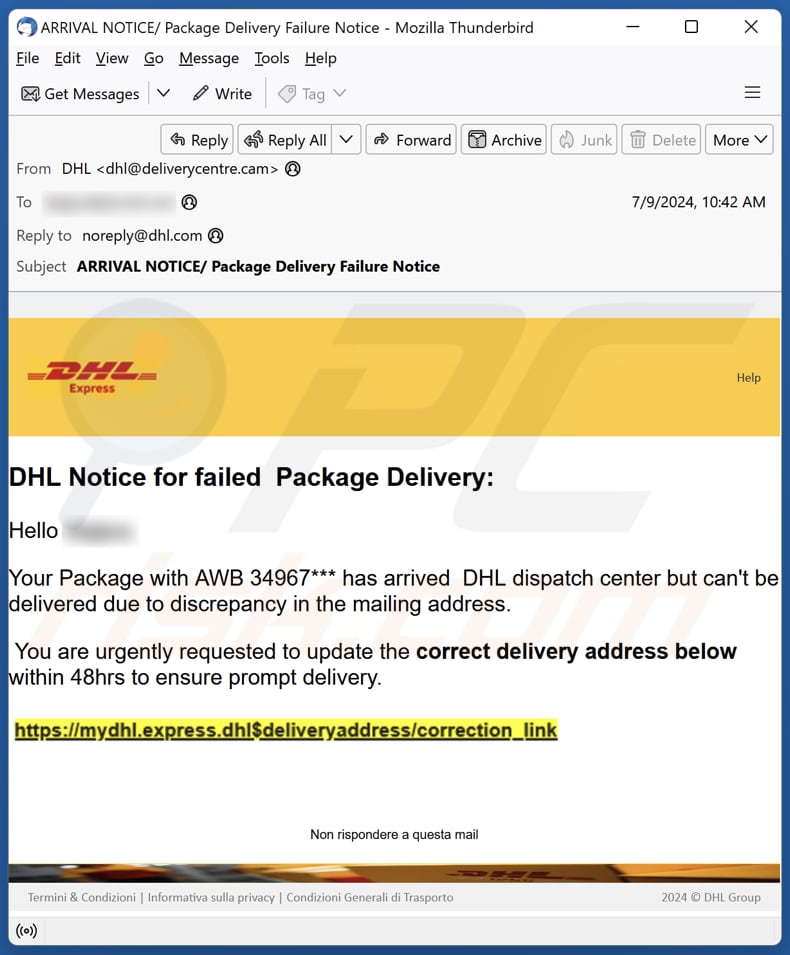 DHL - Notice For Failed Package Delivery campanha de spam por correio eletrónico